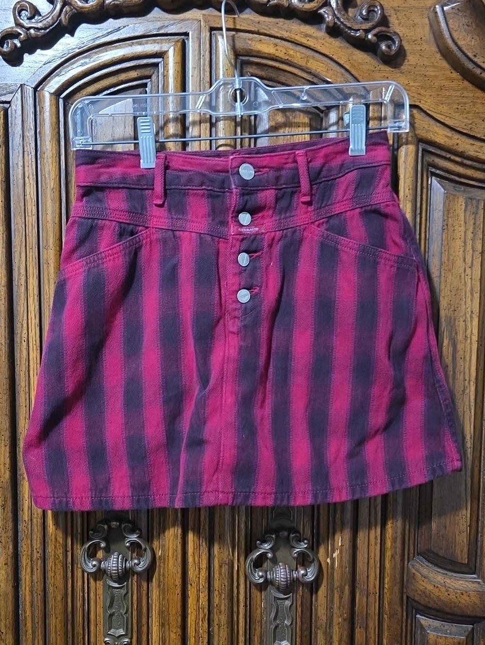 Striped Button-Front Mini Skirt in Magenta and Black
